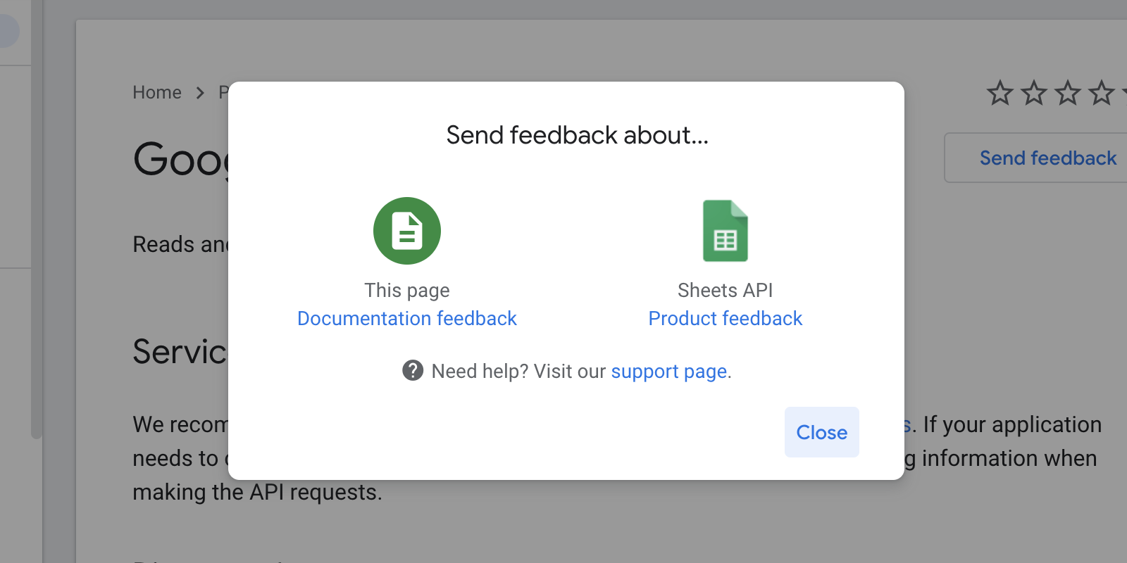 Send feedback about this page (documentation feedback) or Sheets API (product feedback).